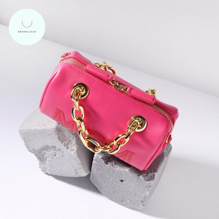 MCM MINI BOSTON CHAIN SHOULDER BAG WITH EMBOSSED LOGO BEETROOT PURPLE & BLACK
