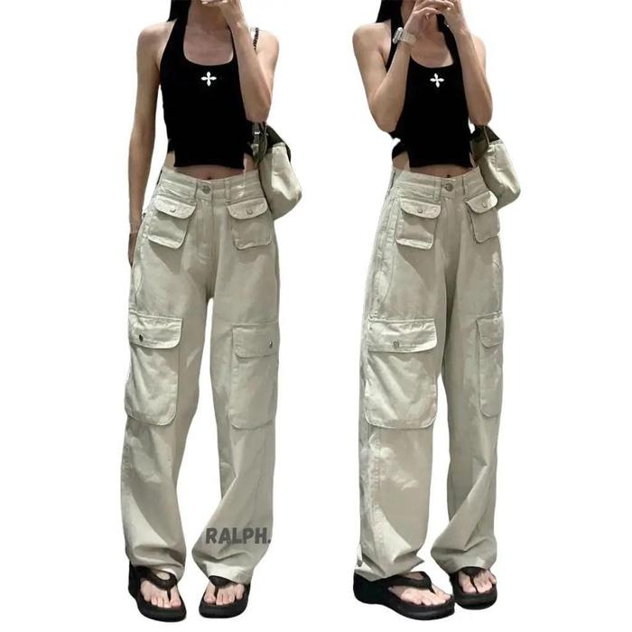 Celana cargo wanita krem putih tulang saku depan Polyester Katun Panjang