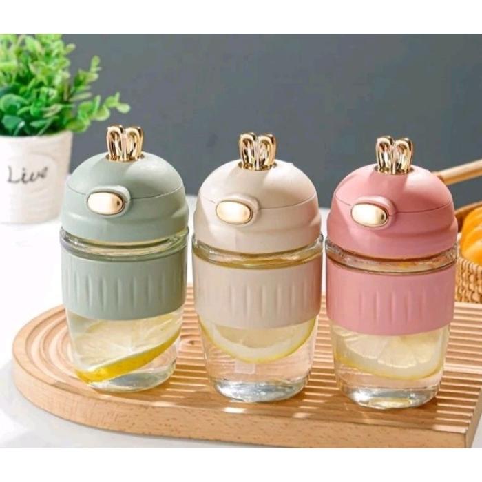 BOTOL MINUM KACA 400ML MODEL TUTUP KUPING KELINCI