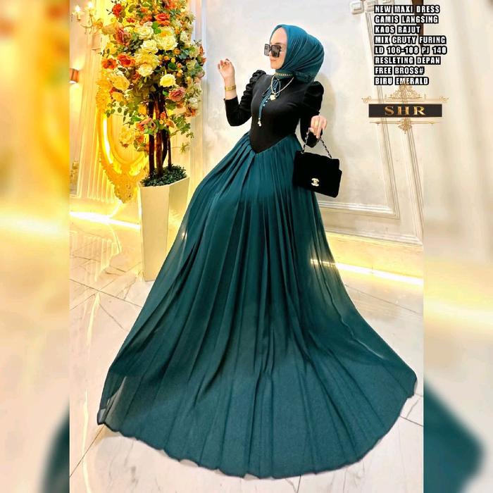 SHR Gamis Langsing Polos Warna Hitam Mix Biru Emerald Model Terbaru 2023