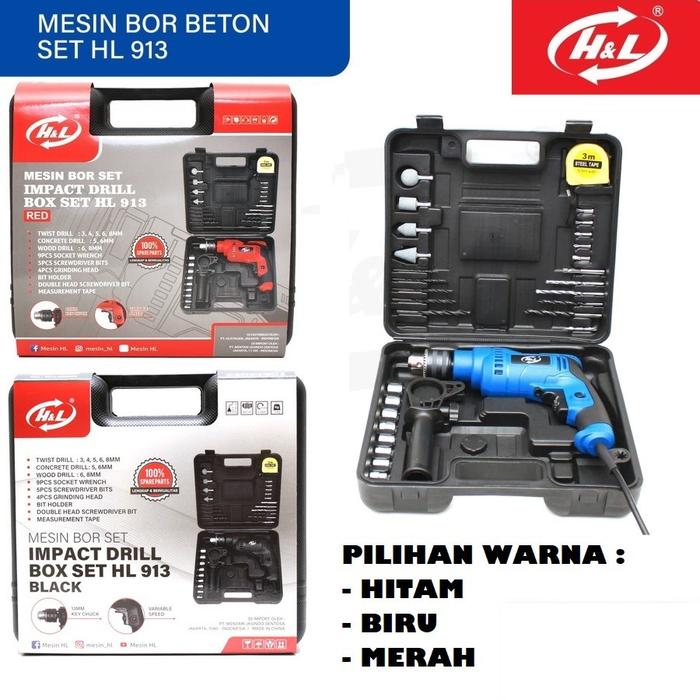 Mesin Bor Listrik Set H&L 13mm Impact Drill Box Set Komplit HnL HL913