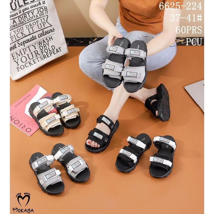 Sandal Slop Wedges Jelly Wanita Ban 2 Kretek Motif Strap Mokaya Velcro Super Cantik Casual Trendy Im