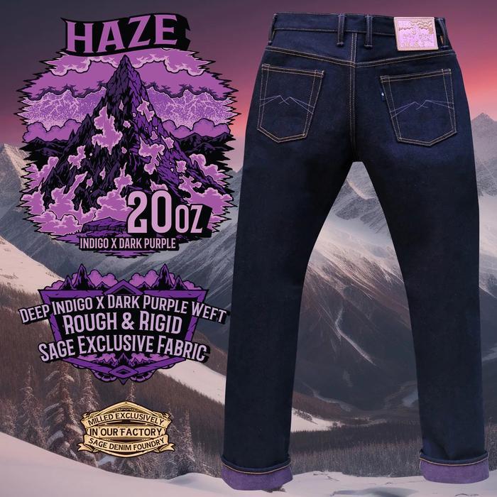 Sage Denim Celana Pria Haze 20oz Jeans Panjang Terbaru dengan Kain Indigo x Dark Purple