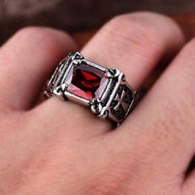 Cincin Pria Salib Cross La Croix Titanium Stainless Steel Batu Merah