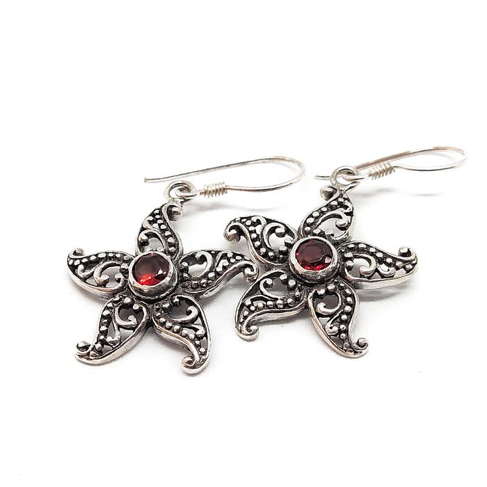 Anting Earrings Hook Juntai Bintang Laut Star Batu Natural Garnet Perak Silver Bali Asli 925 Wanita 