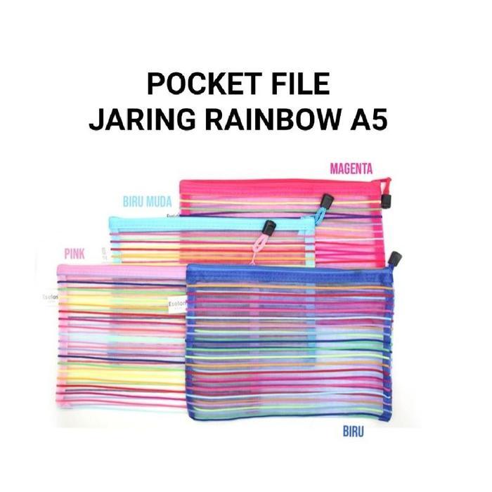 Map Pocket File Zipper Ukuran A5 Jaring Rainbow