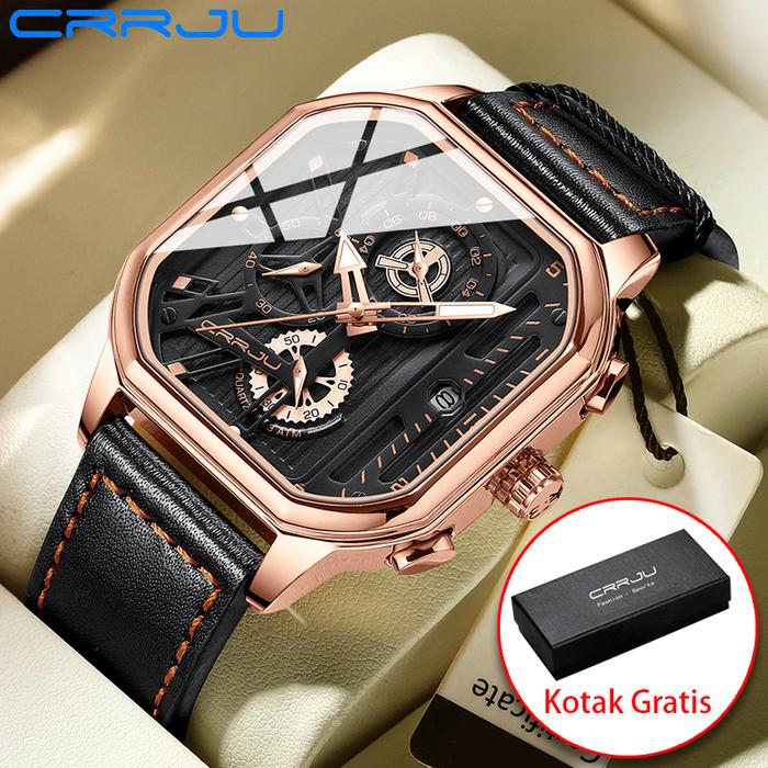 CRRJU Fashion Multifungsi Kronograf Persegi Tahan Air Bercahaya Jam Tangan Pria 2302 Quartz Watches