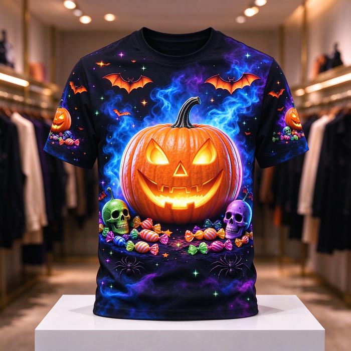 Kaos Fullprint Cetak 3D Motif Labu Halloween, Tengkorak Kelelawar & Permen, Tersedia Ukuran Anak Sam