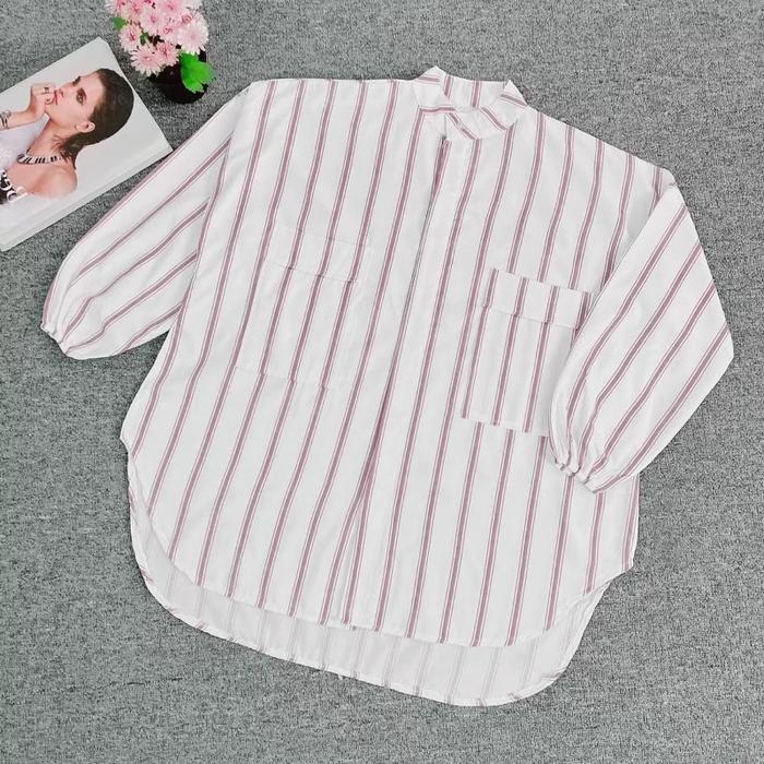 Kemeja  Stripe Viral Wanita Kiana Salur Baju Atasan Shakila Katun Panjang Dewasa Casual Putih Linen 