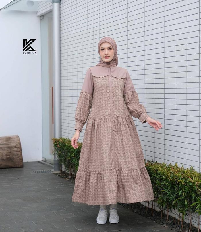 Korina Midi Dress Katun Printing Terbaru Muslim Wanita Dewasa Motif Panjang Cantik Nyaman - Karamina