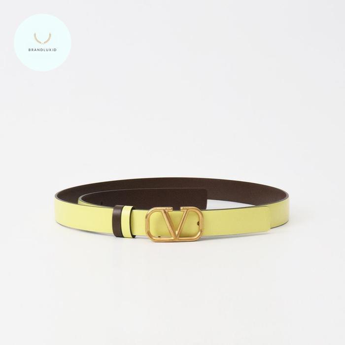 Valentino V logo 2cm Belt Pale Yellow Teak Brown