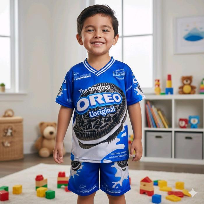 SETELAN ANAK JERSEY UNISEX KEMASAN SNACK TARO Dengan Desain Oreo Taro dan Indomie Mi Goreng