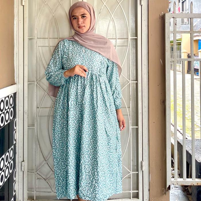 Midi dress rayon premium/home dress Maxi dress motif Bunga Biru Cantikpakaian Muslim Games Nyaman