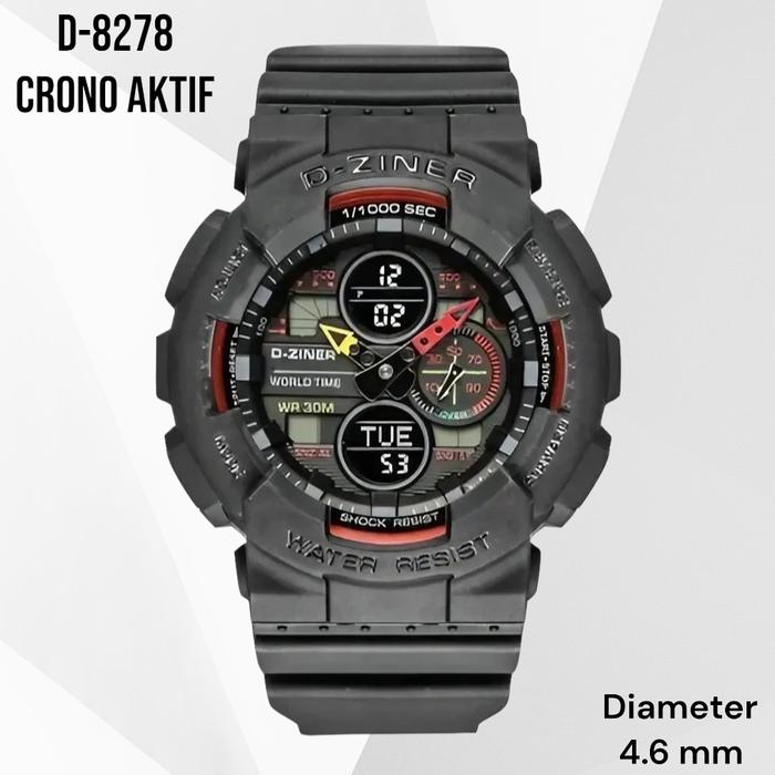 Dziner Jam Tangan Pria Dziner 8278 Rubber Double Time Water Resistant 3 ATM