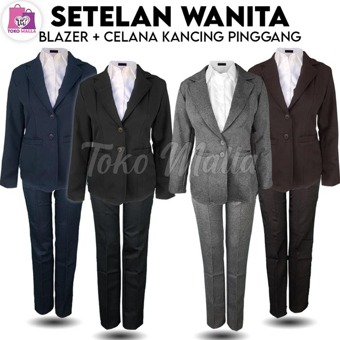 One Set Blazer Celana Panjang Wanita Stelan Jas Kerja Kantor Cewe Polos Bahan Wool Setelan Kekinian 