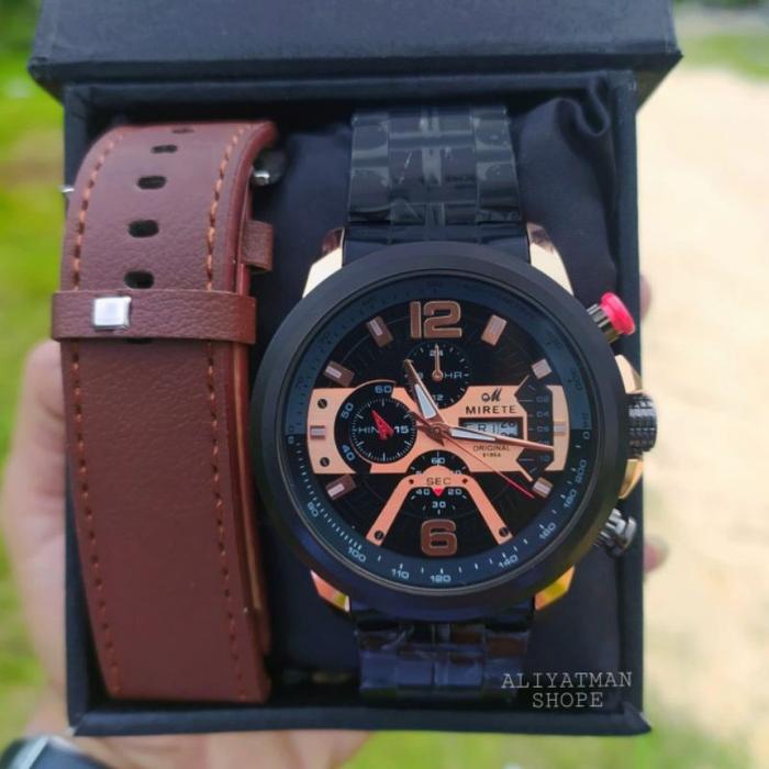 JAM TANGAN PRIA MIRETE ORI DUA TALI ANTI AIR TANGGAL HARI AKTIF, STRAP RANTAI ANTI KARAT KUARSA ANAL