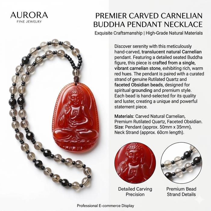 Kalung Amulet Buddha Sacred Serenity - Batu Carnelian Agate Asli Natural & Smoky Quartz Liontin Kebe