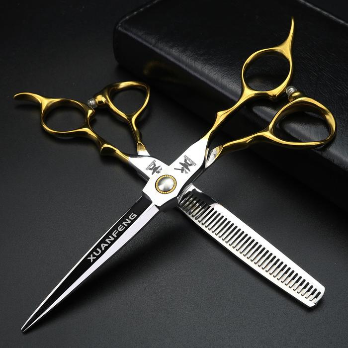 XUANFENG Gold Handle Professional Hair Scissors 6.5 "440C Steel Barber Cutting Scissors and thinning