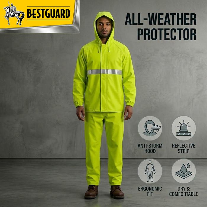 BESTGUARD Jas Hujan Safety Hijau Neon Setelan Jaket Celana Tebal PVC Anti Rembes Mantel Motor Ojol G