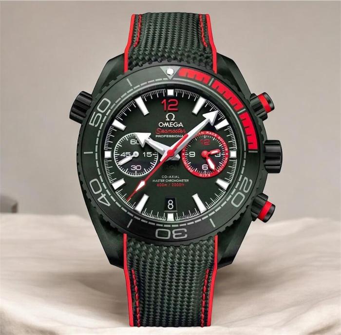 Omega Jam Tangan Pria Chrono ON Tali Karet Quartz Jepang Hitam Merah Grade AAB