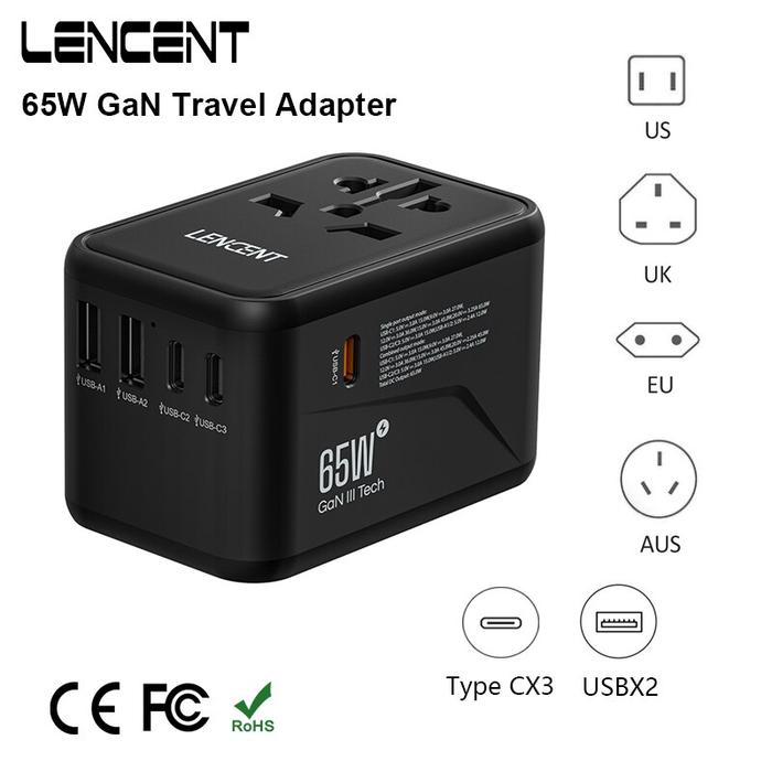 LENCENT 65W GaN International Travel Adapter with 2USB 3 Type C GaN
