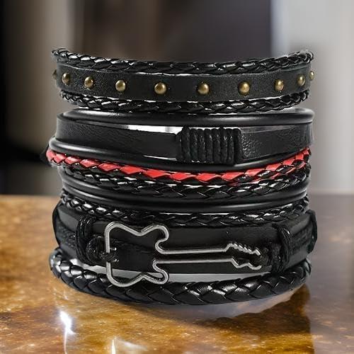 Gelang Kulit Punk Set 5 in 1 Motif Gitar Logo Dolar Daun & Bintang / Gelang Lilit Pria Isi 5 Hip Hop