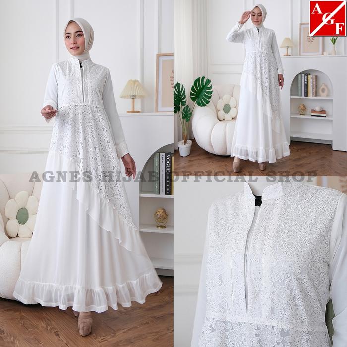 > Agnes Hijab - Achasa Dress Baju Gamis Wanita Brukat Syari Putih Lebaran Umroh Haji Busana Muslim W