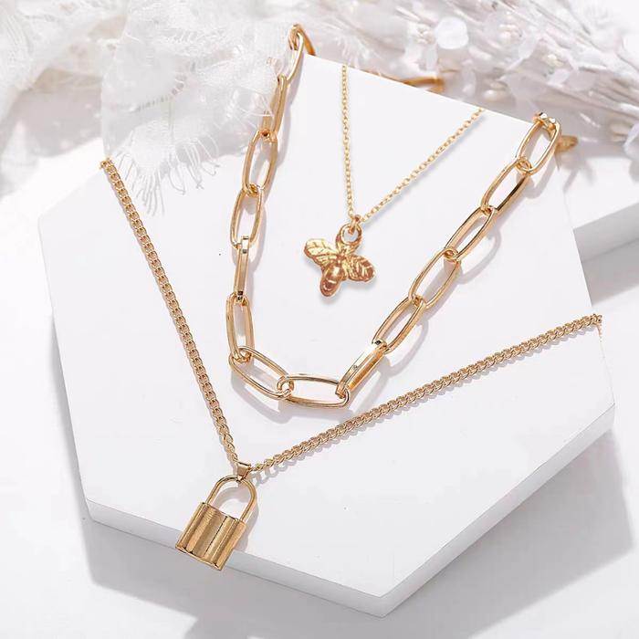 Kalung Rantai 3 Layer Liontin Gembok Hati Retro Simple Kreatif Wanita (Terbaik)