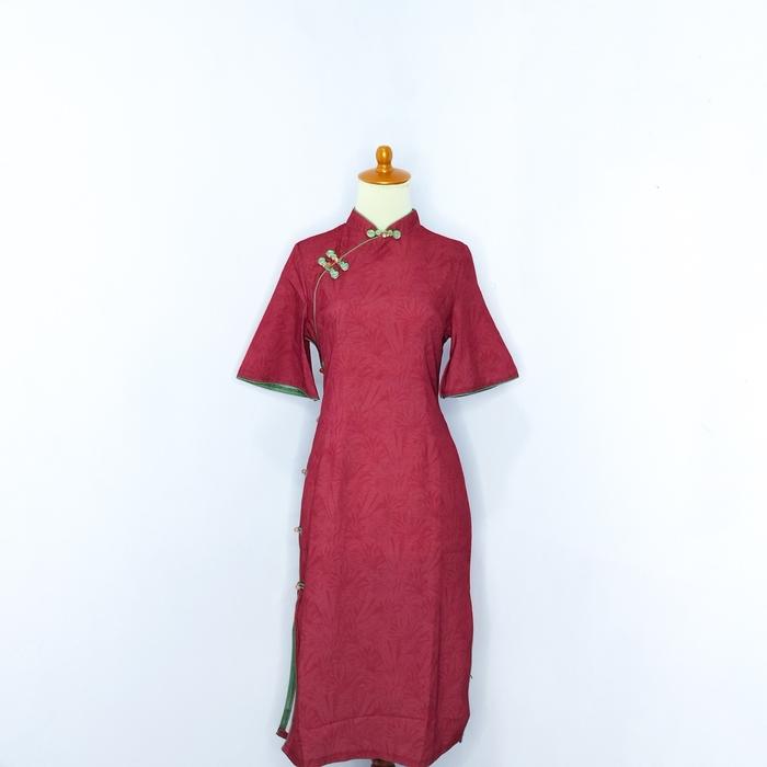 09 - Dress Cheongsam Merah Qipao Brokat / Dress Import / Dress Cina / Dress Sangjit / Dress China /