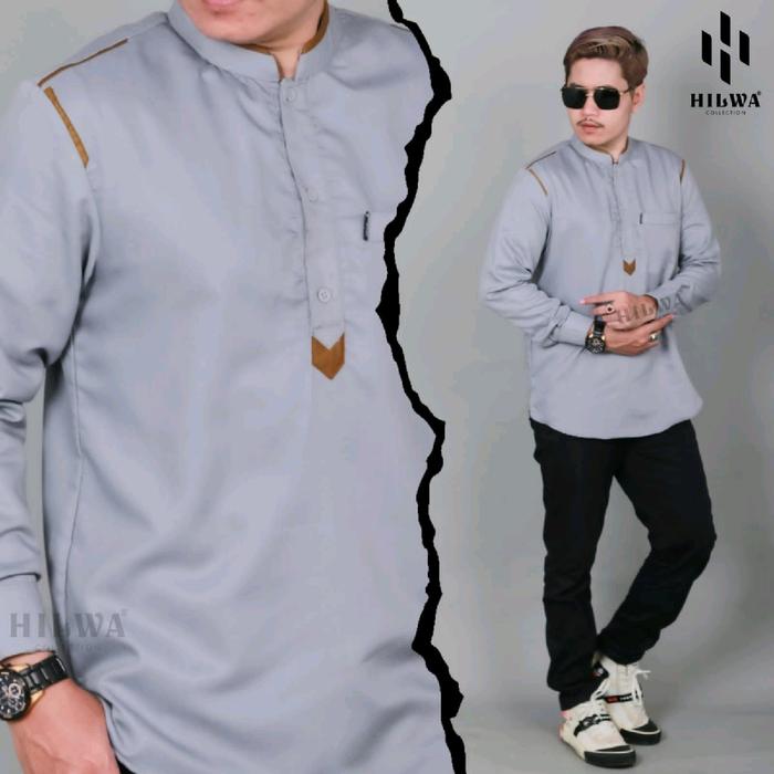 Hilwa Official abu-abu Kemeja Baju Melayu Premium Atasan Muslim pria dewasa Motif Hazard warna Abu-a
