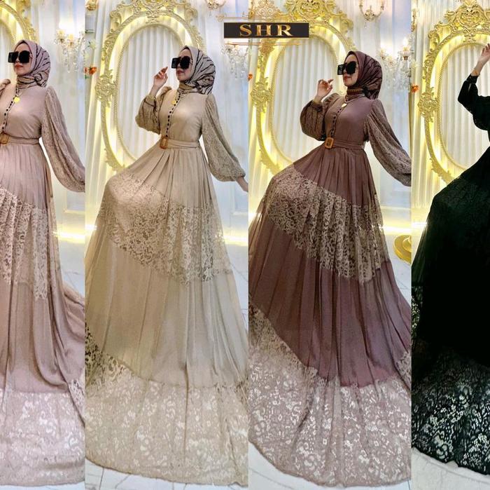*READY*  Gamis Rambut jagung Bahan Ceruty mix brukat glitter full furing, Lengan Plisket Ld 108cm Pj