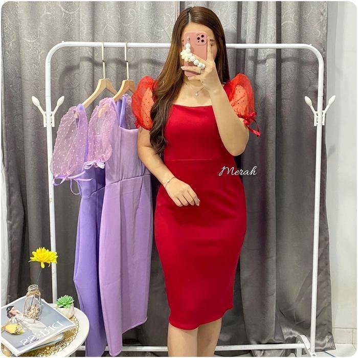 Edelyn Dress Midi Scuba Tangan Tile Polka Dot Balon Dress Bodycon Baju Wanita Pesta daster lengan