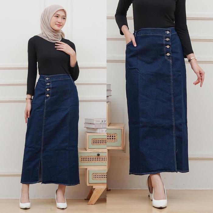 JF - Rok Jeans Span Kancing - rok jeans Wanita Panjang Dewasa Span