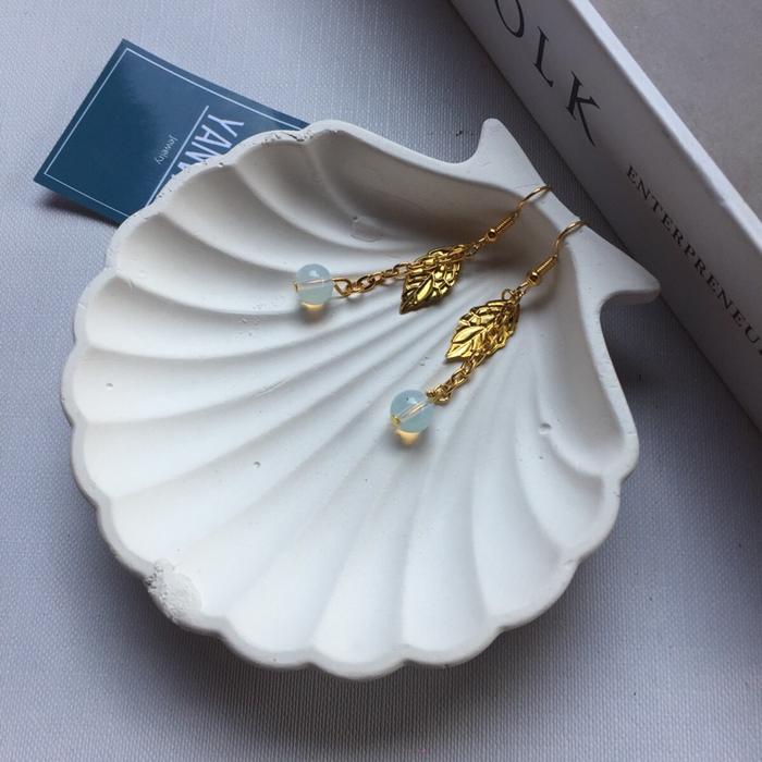 YANVIOR Anting Juntai Batu Moonstone Daun Gold/ Anting Juntai Daun