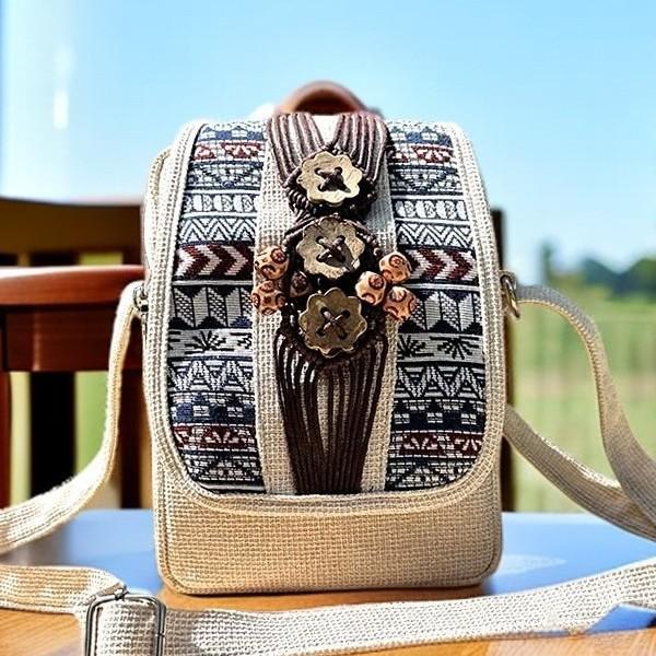 Tas Selempang Tenun Etnik Katun Linen - Elegan & Praktis Sehari-hari (Flap Unik, Kompartemen Resleti