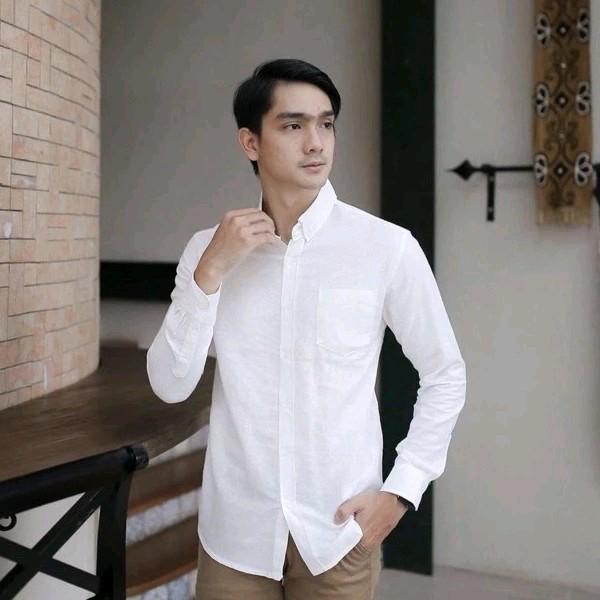 Kemeja Giora putih polos lengan panjang Hem Reguler Kancing Bening pria Kantor Baju Kerja Cowok Katu