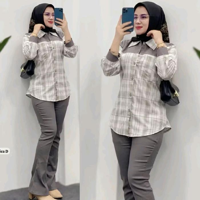 ALDA SET. SETELAN KEMEJA DAN CELANA CUTBRAY.ONESET CUTBRAY. ONESET KEMEJA KOTAK WANITA.ONESET CELANA