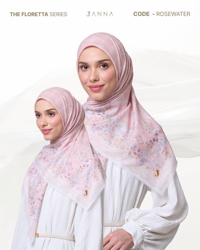 JANNA The Floretta Series Premium Printing Scarf Hijab Segi Empat Motif Mewah Cantik Lembut Pin Logo
