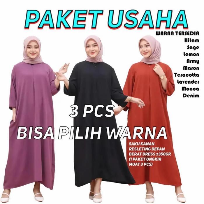 Paket Hemat 3 Pcs Dres Daster Gamis Crinkle Airflow Lengan 3/4 Polos Busui Friendly Airflow Wanita A