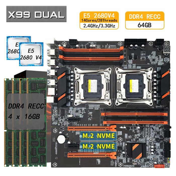 X99 Motherboard Combo Dual CPU With E5 2680 V4 64GB DDR4 Ram 2400mhz