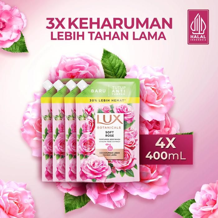 Lux Botanicals Body Wash Refill Soft Rose Kulit Lembut 400ml (Paket Isi 4)