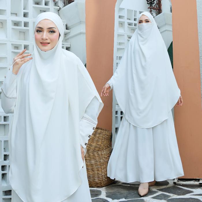 Biyai - Inara Gamis French Khimar Syar'i Anti UV Haji dan Umroh Warna Hitam dan Putih Tulang Elegan 