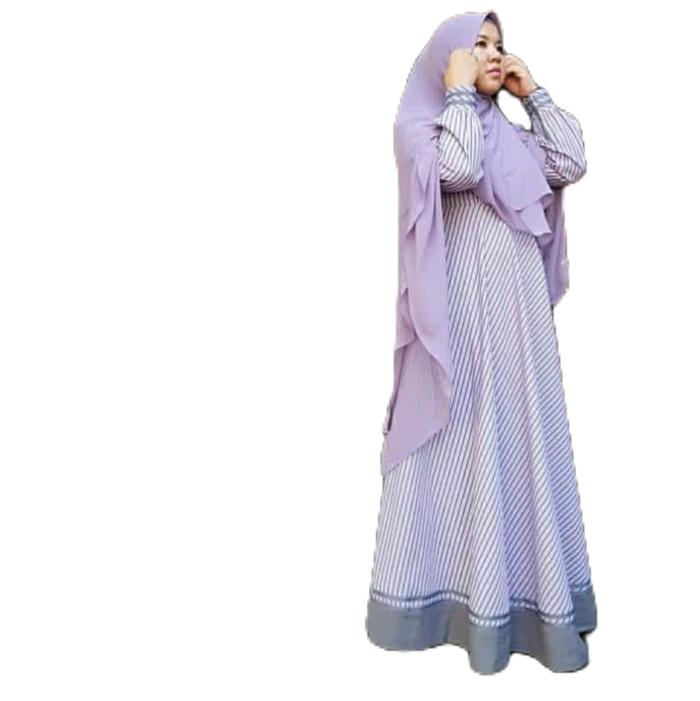 Gamis Motif Garis Bahab Linen Dengan Rok Model Payung Muslim Dewasa Katun Lebaran Maxi Mewah