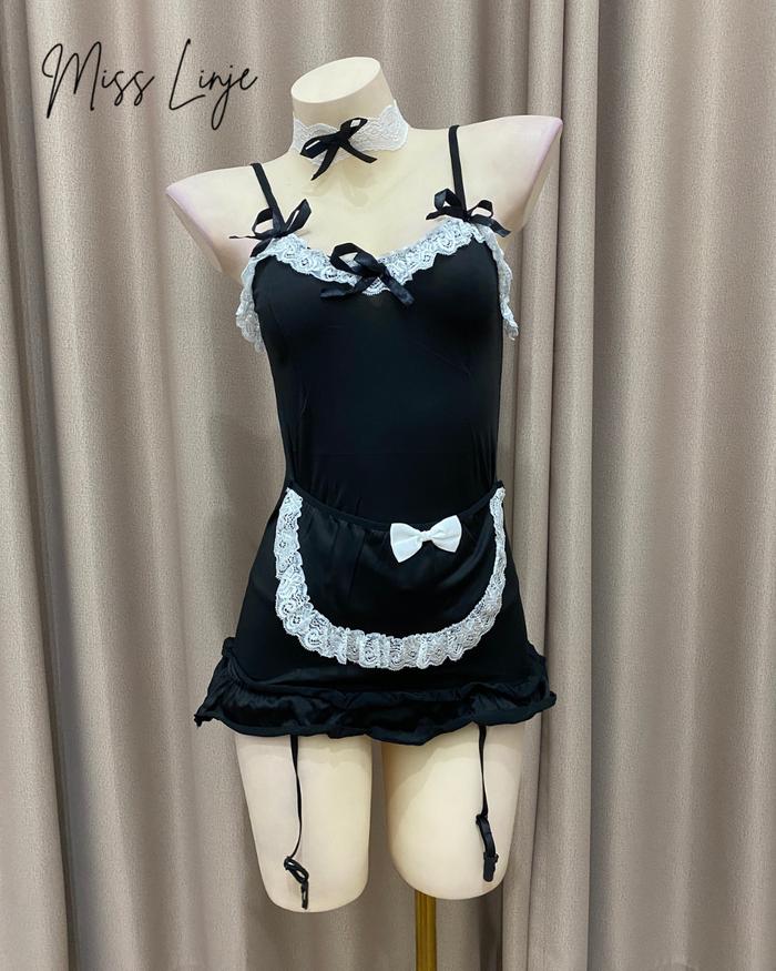 MISS LINJE Baju Cosplay Lingerie Maid Kostum Pelayan Warna Hitam Full Set Muat Big Size
