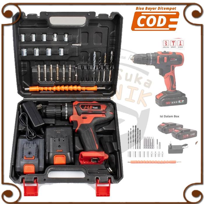 Mesin Bor Cas Koper Fullset Koper 36v 2batre 10mm Bisa Bolak Balik JLD TOOLS