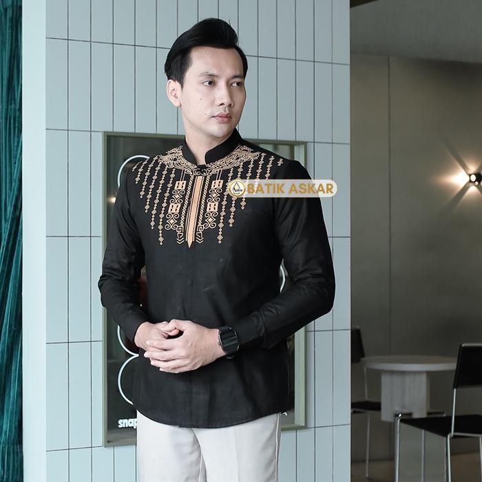 Askar Batik Motif Adham Baju Koko Qurta Muslim Pria Dewasa Slim Fit Lengan Panjang Modern Elegant He