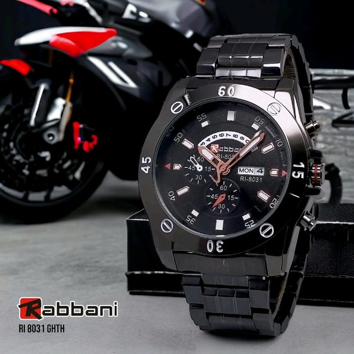 Rabbani 8031 GHTH, Jam tangan Pria, Rantai hitam monochrom, Sporty, tanggal hari aktif, water resist