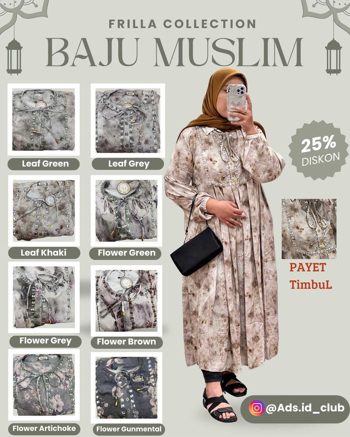 FRILLA Baju Muslim Dress Collection Payet Print Ceruty Babydoll Premium LD 110 PB 140 Motif Original
