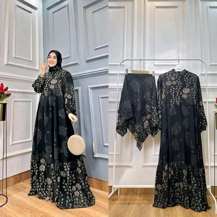 Nabila gamis set hijab muslimah motif bunga terbaru set gamis hijab jumbo