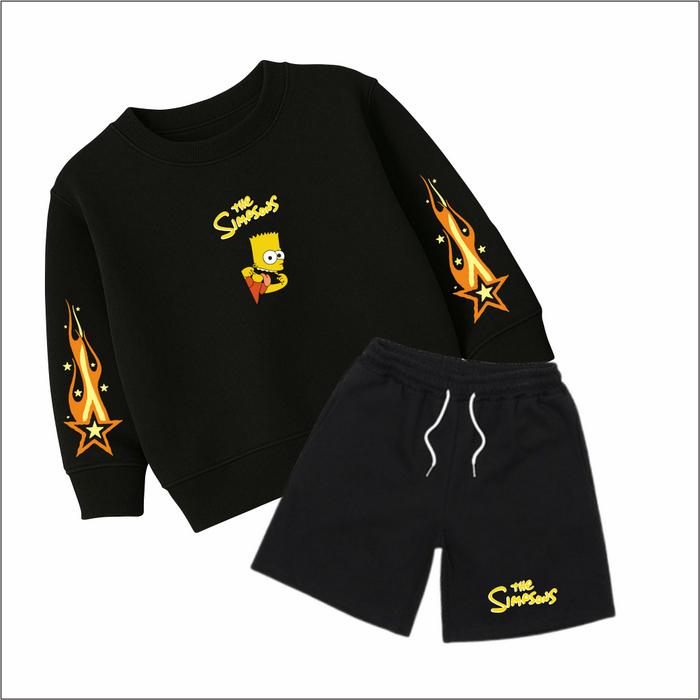 SETELAN Crewneck Anak Laki laki Perempuan One set Celana Pendek Anak Hitam Gambar The Simpsons Umur 